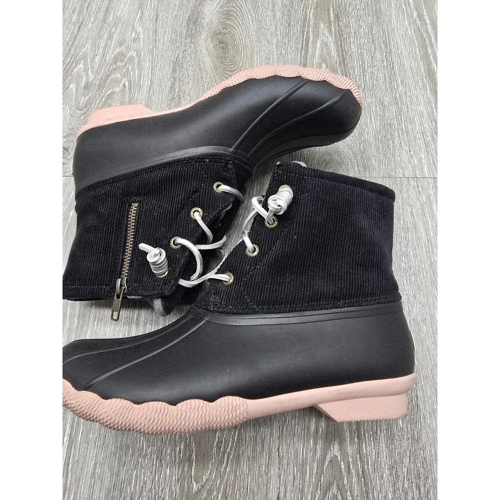 Sperry Saltwater Corduroy‎ Duck Boots Womens 7 Black Pink Side Zip STS85323